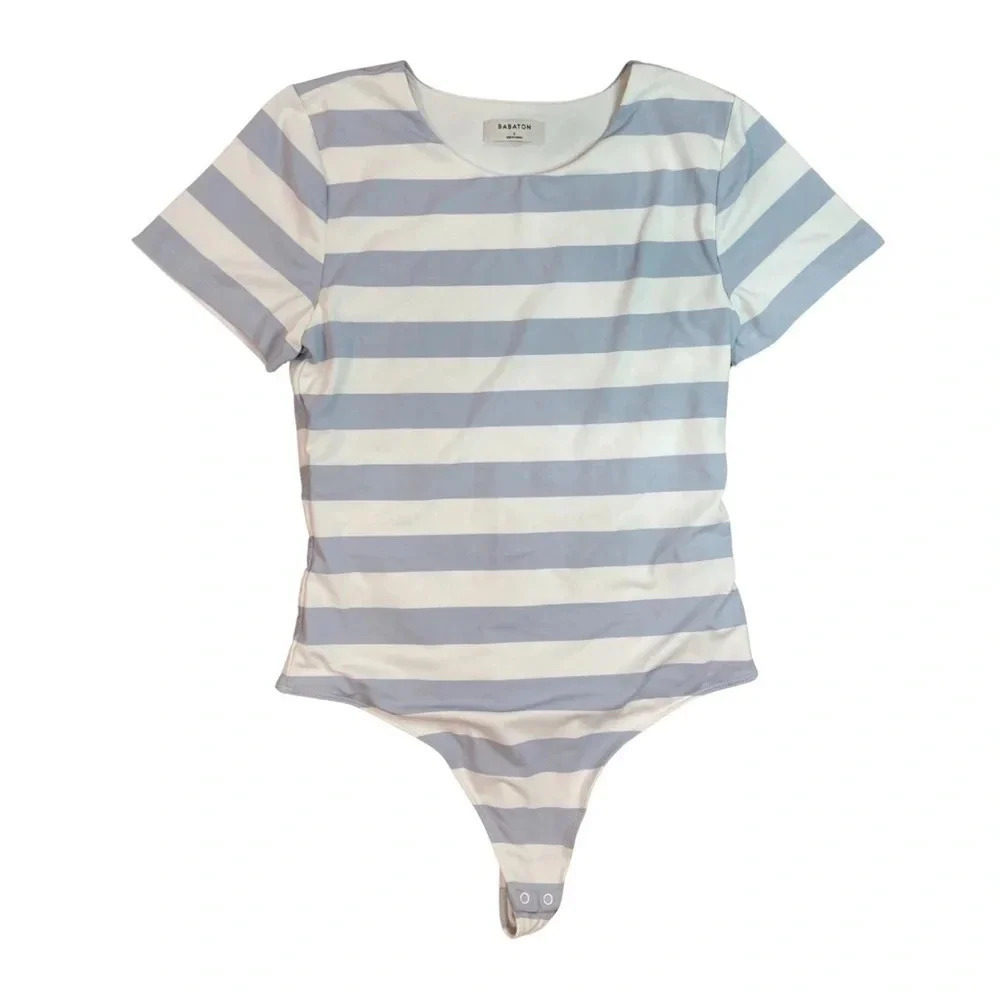 Aritzia Babaton Contour Crew Short Sleeve Bodysuit – Blue & White Stripe Large - Picture 5 of 8
